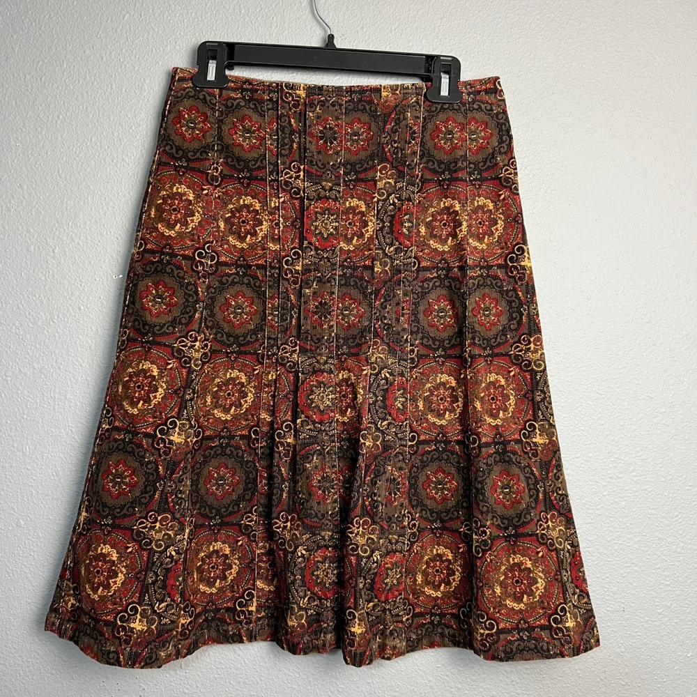 Harold's Corduroy A-Line Skirt 6 Red Brown Floral Tapestry Print Vintage Style